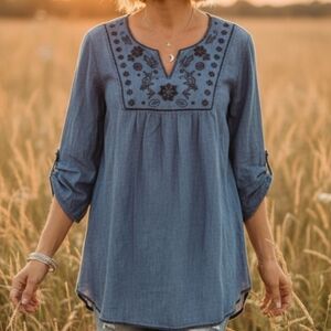 Cato Bohocore Peasant Beaded Embroidered Tunic Blouse Dark Wash Roll Tab XL